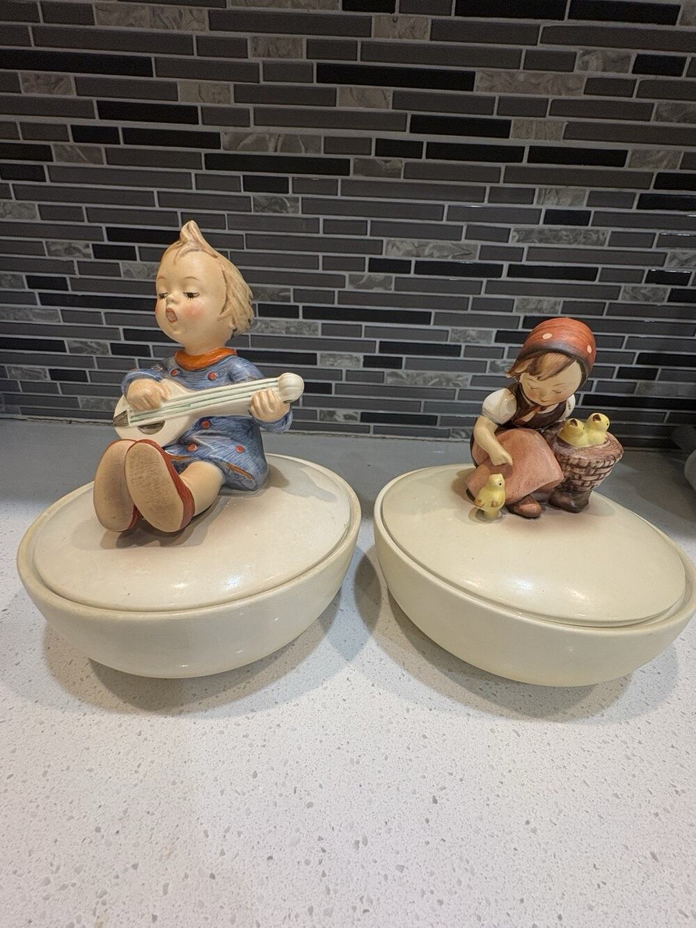 Vintage M J Hummel Girl & Boy Trinket Candy Dish West Germany 6”x6” Set Of 2